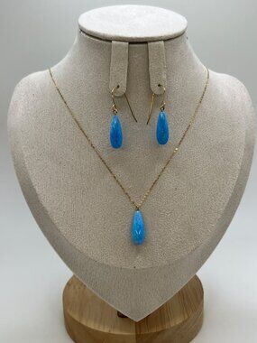 Natural Blue Opal Necklace and Matching Earrings in 14K Gold